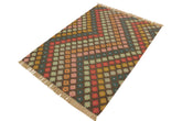 Flat Weave Kilim Antique Navaho Vintage handmade Modern Kilim Brown Blue Hand-Woven Rectangle 100% Wool Area Rug 4x6